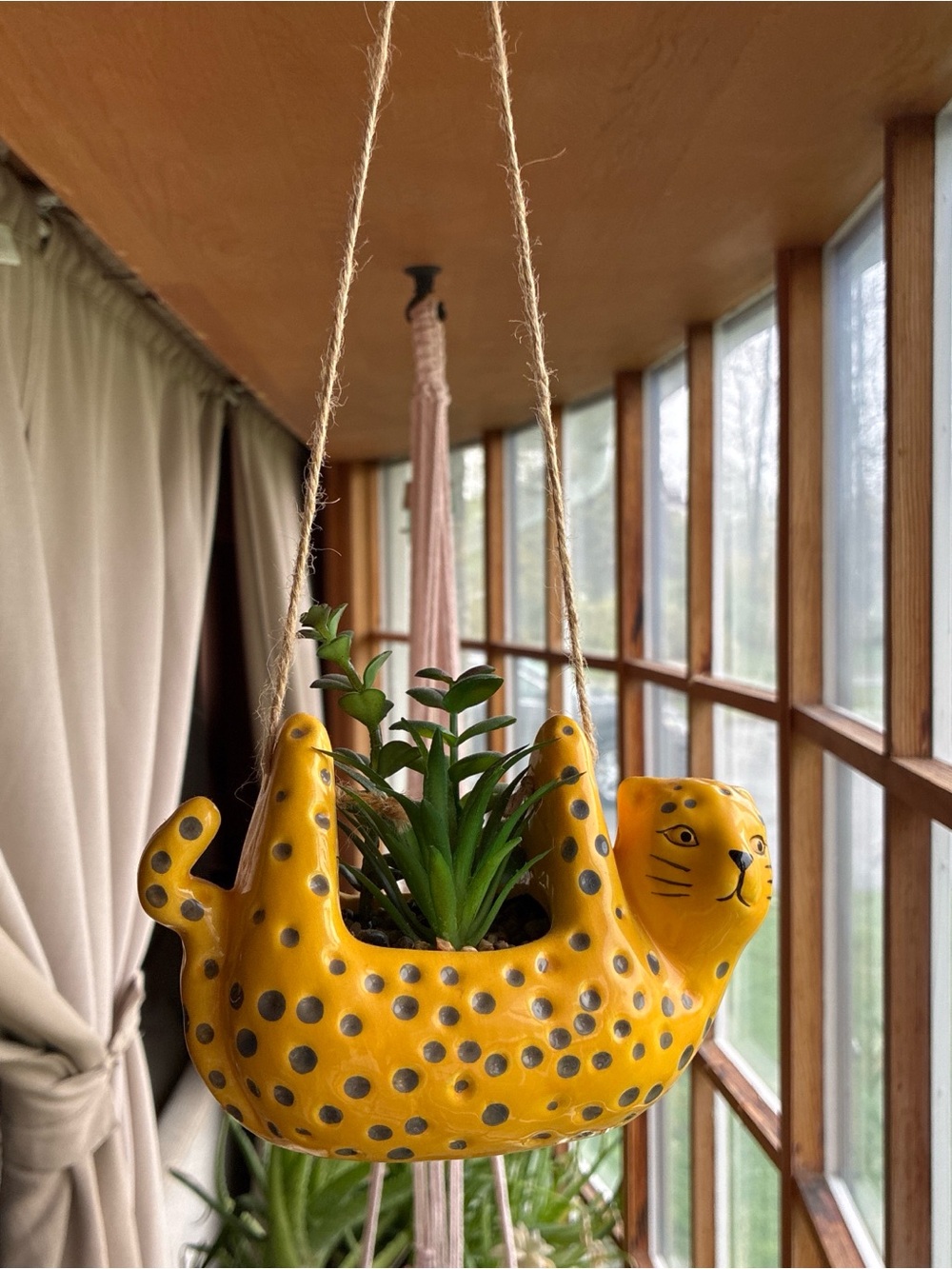 Yellow Spotted Ceramic Cat Hanging Planter